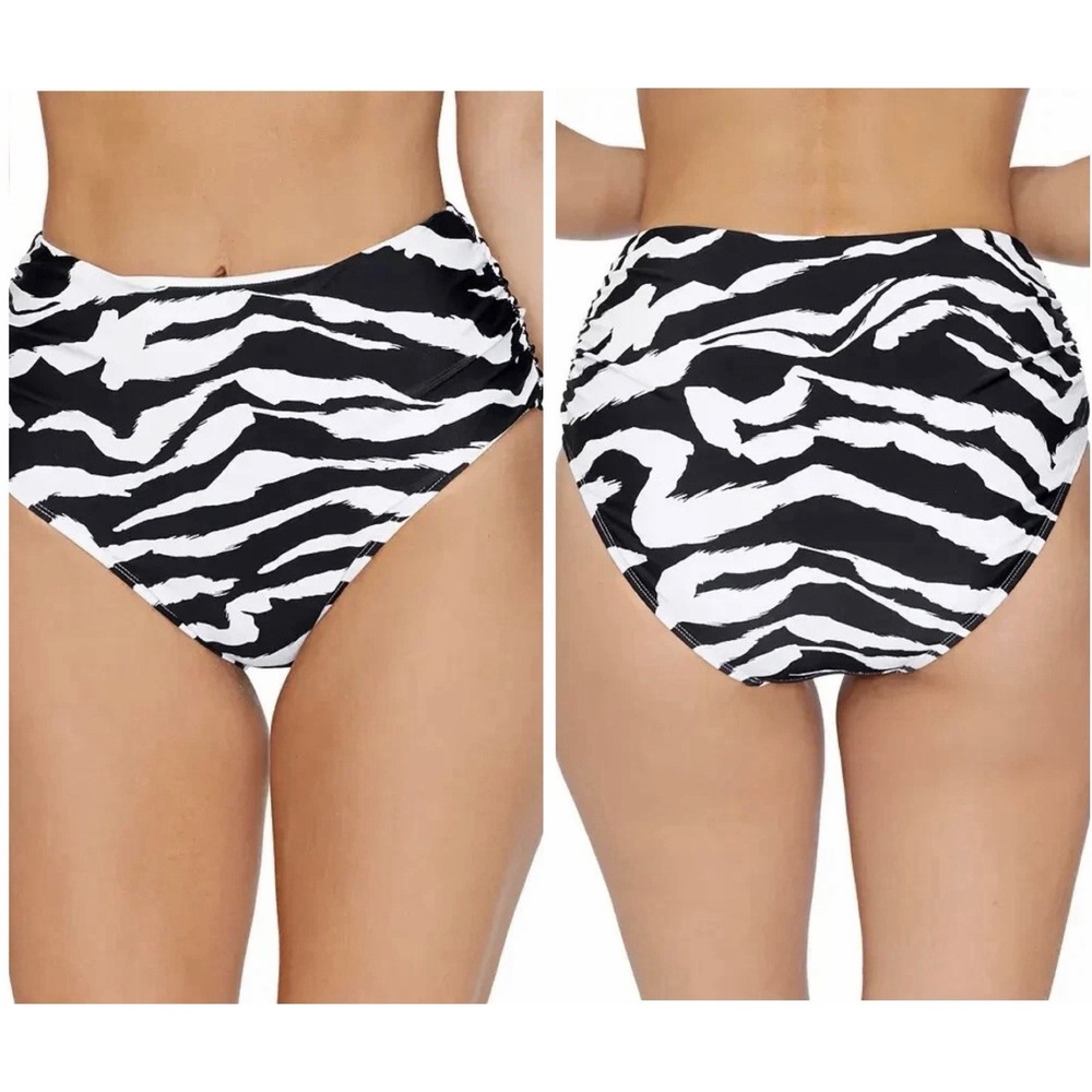 Island Escape Womens 16 Bikini Bottoms High-Waist Swimsuit Black White Zebra New